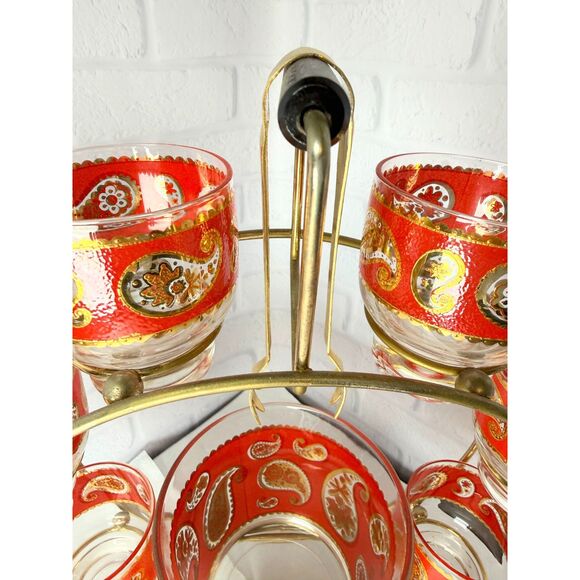 Stunning Vintage MCM Culver Red Paisley Ferris Wheel Bar Glasses & Ice Bucket - Picture 9 of 10